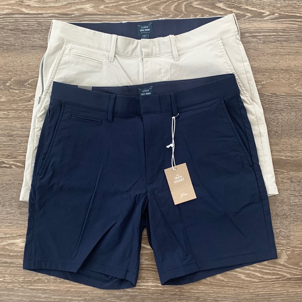 J.Crew mens 32 7” tech short pair khaki and navy (NEW)
